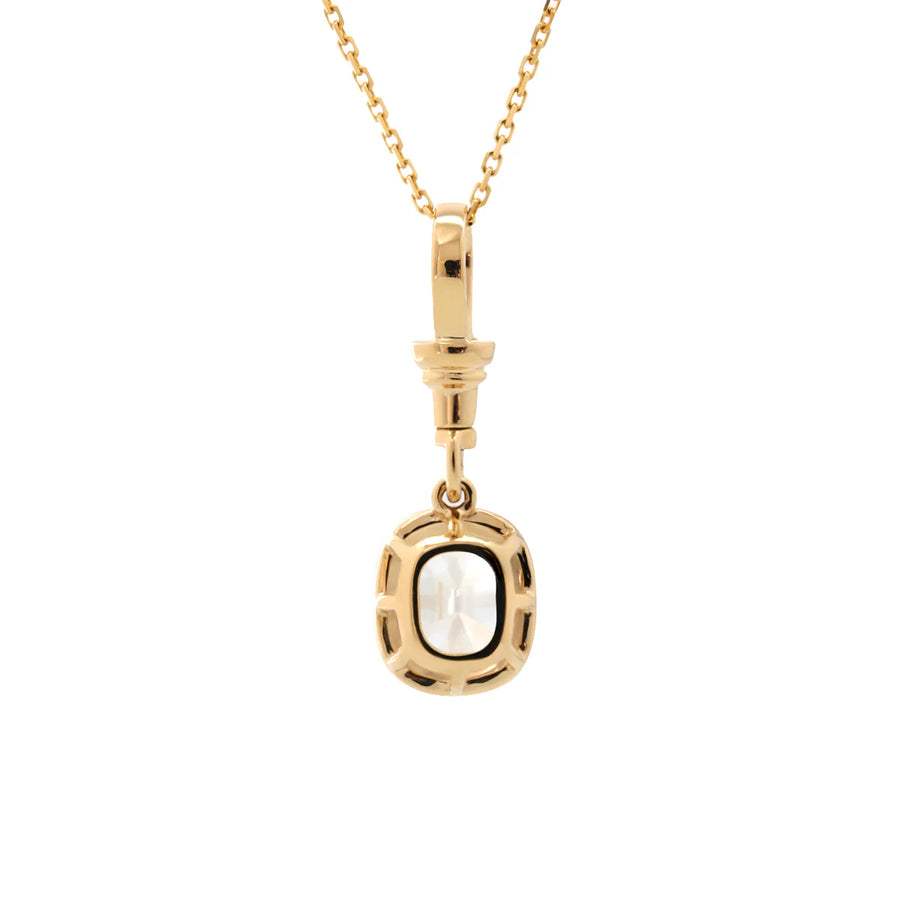 Long, old mine-cut, laboratory-grown diamond 2-carat bezel-set pendant necklace with cross chain.