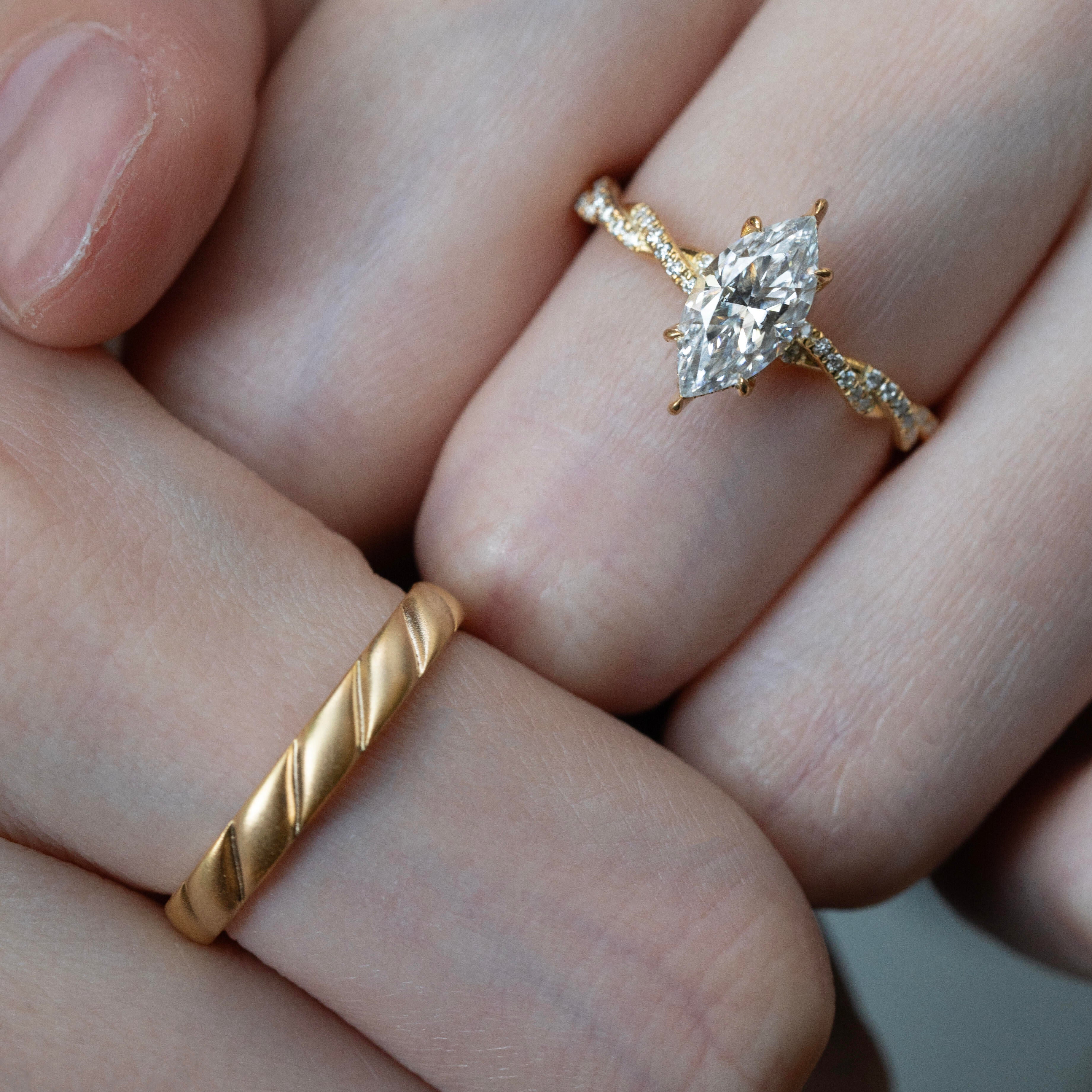 Marquise Brilliant Cut Lab Diamond Braided Ring+Woven Pattern Male Ring | Customized Wedding Couple's Ring set