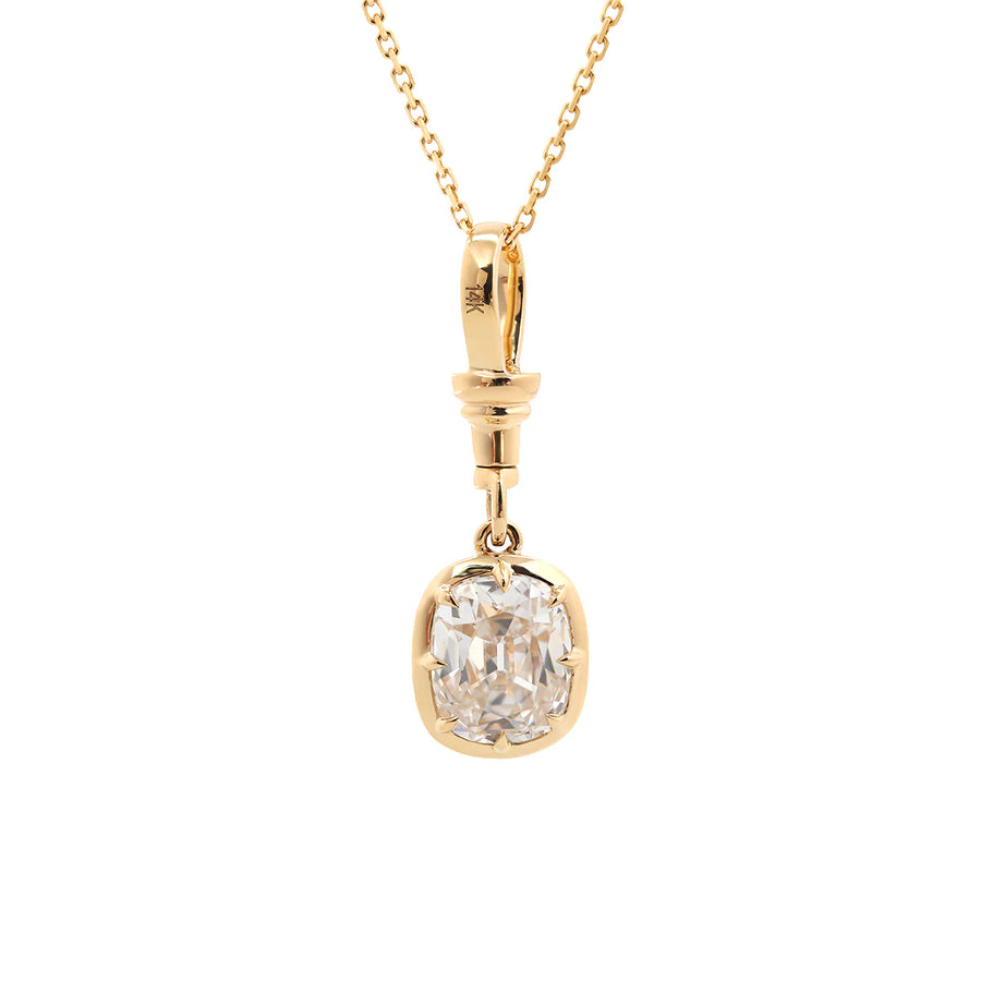 Long, old mine-cut, laboratory-grown diamond 2-carat bezel-set pendant necklace with cross chain.