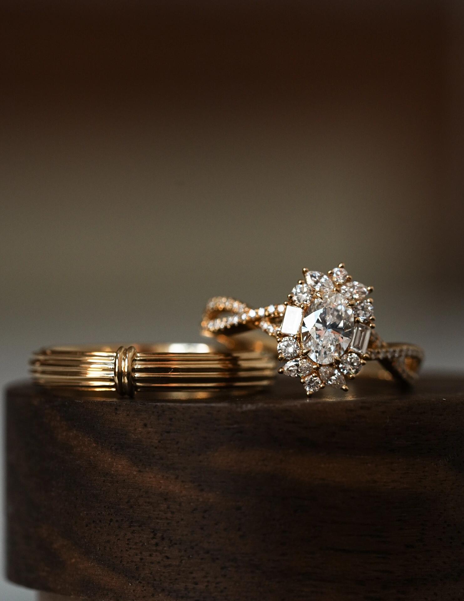 Oval Brilliant Cut Lab Diamond Braided Ring+Stria Male Ring | Customized Wedding Couple's Ring Set