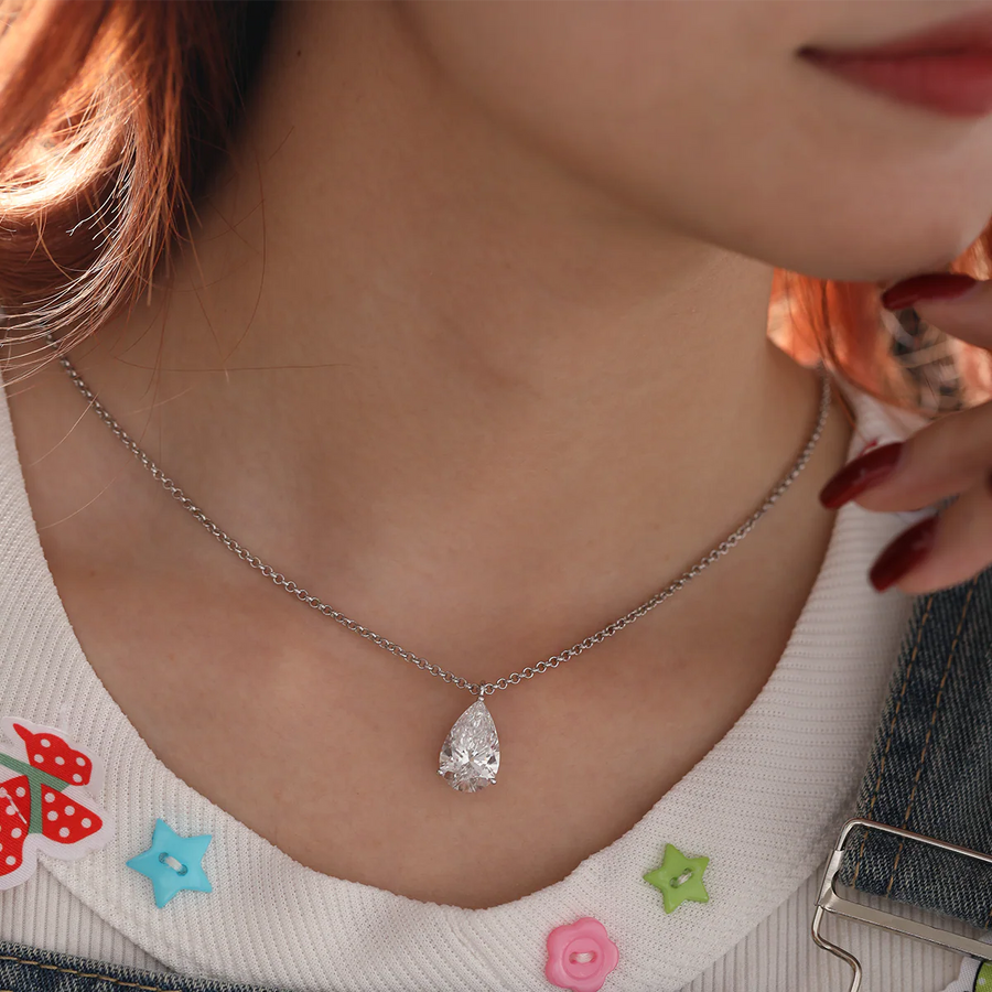 A pendant set with 6-carat pear-shaped lab-grown diamonds, featuring a three-prong setting and a Rollo chain.