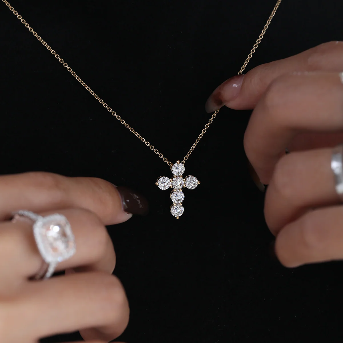 Round lab-grown diamond six-stone cross pendant necklace