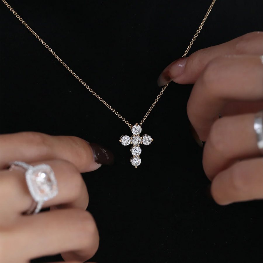 Round lab-grown diamond six-stone cross necklace