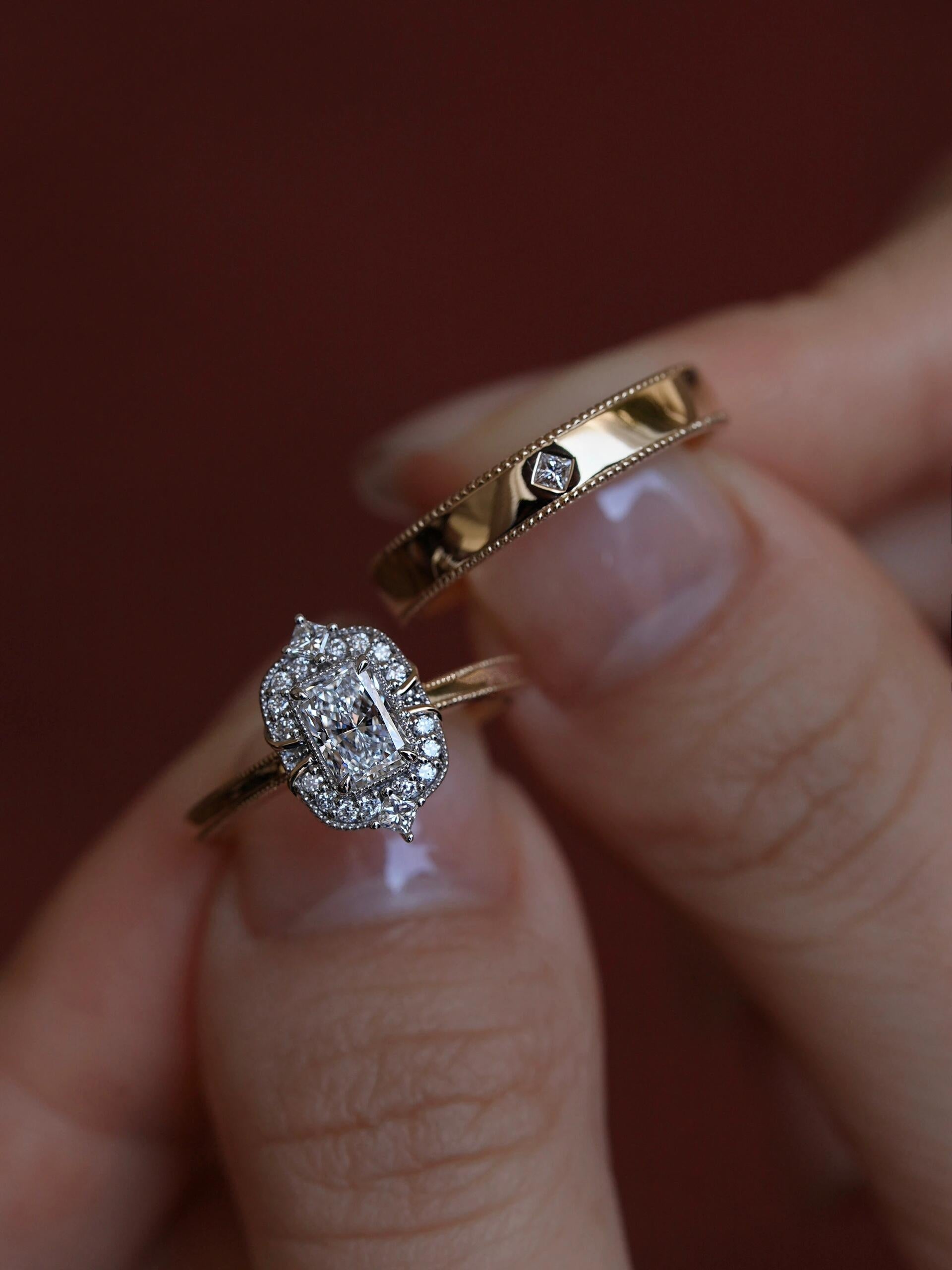 Radiant Cut Lab Diamond Halo Ring + Male Ring Band | Customized Wedding Couple's Ring Set