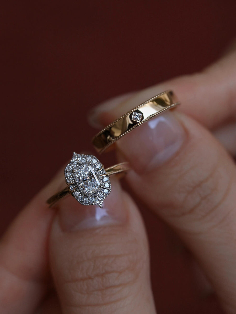 Radiant Cut Lab Diamond Halo Ring + Male Ring Band | Customized Wedding Couple's Ring Set