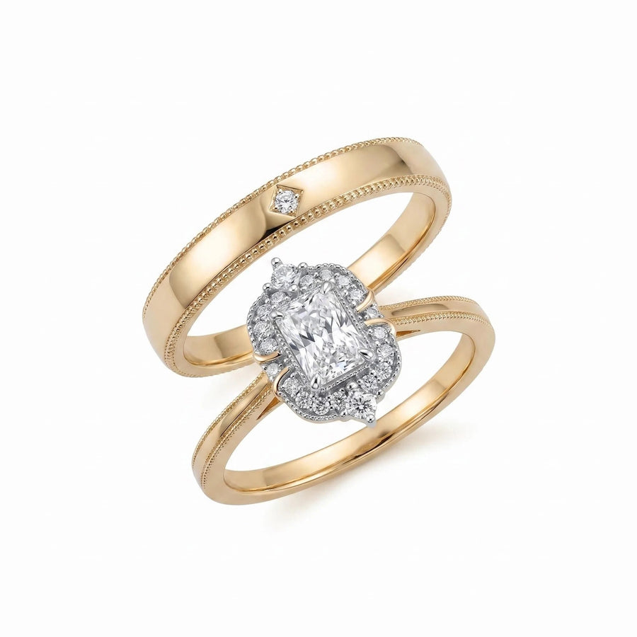 Radiant Cut Lab Diamond Halo Ring + Male Ring Band | Customized Wedding Couple's Ring Set