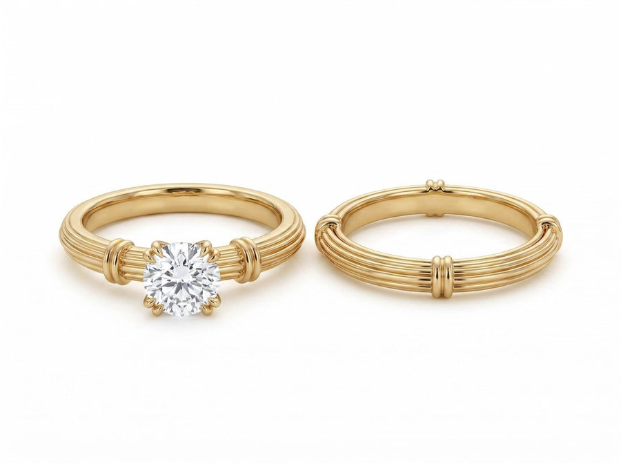 Round Cut Lab Diamond Ring + Male Ring Band | Customized Wedding Couple's Ring Set