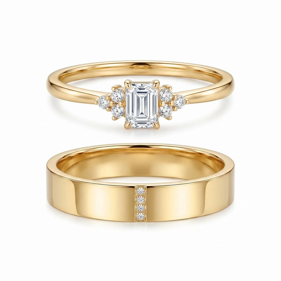 Emerald Cut Lab Diamond Ring + Male Ring Band | Customized Wedding Couple's Ring Set