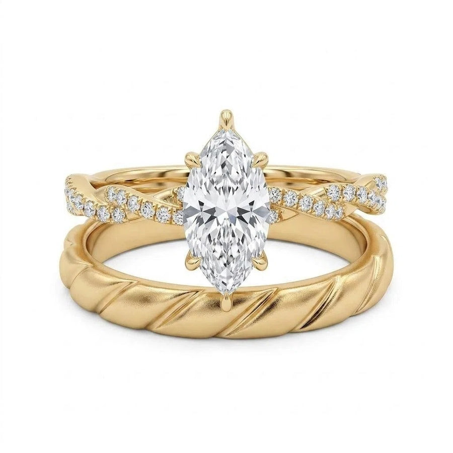Marquise Brilliant Cut Lab Diamond Braided Ring+Woven Pattern Male Ring | Customized Wedding Couple's Ring set