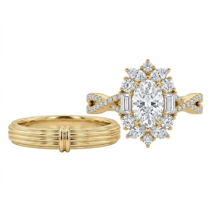 Oval Brilliant Cut Lab Diamond Braided Ring+Stria Male Ring | Customized Wedding Couple's Ring Set