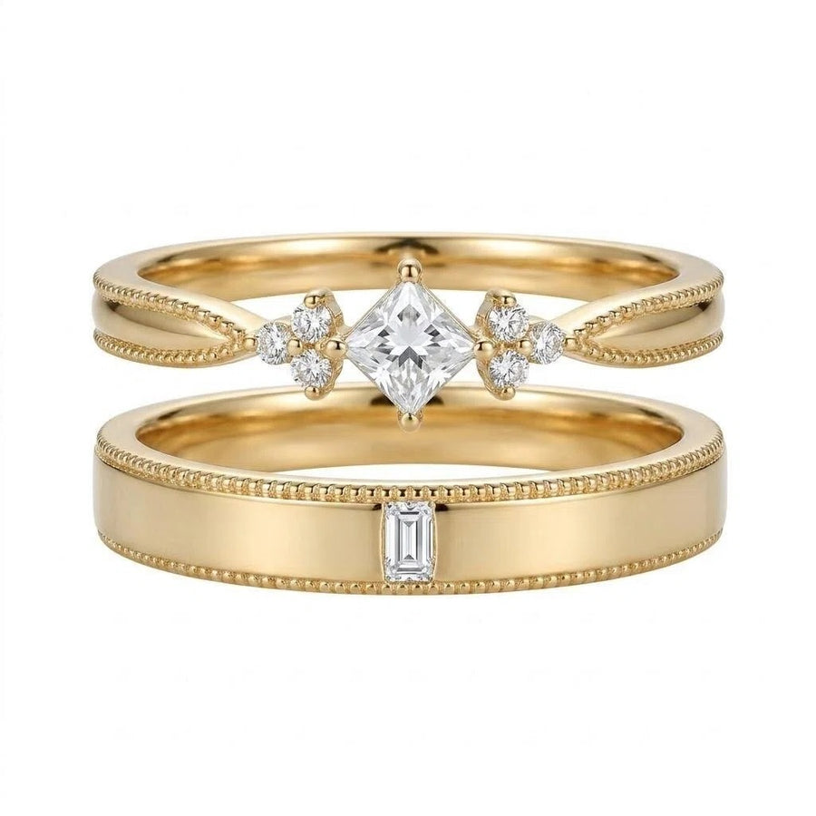 Princess Cut Lab Diamond Ring Band + Male Ring Band | Customized Wedding Couple's Ring Set