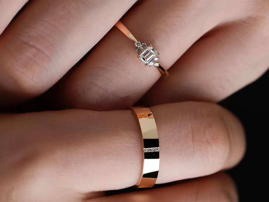 Emerald Cut Lab Diamond Ring + Male Ring Band | Customized Wedding Couple's Ring Set